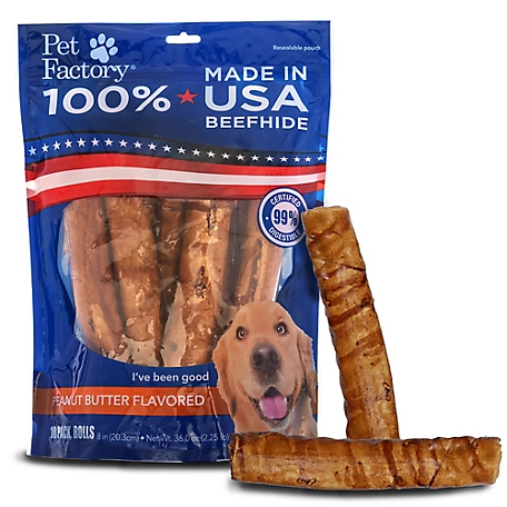 Pet Factory Peanut Butter Flavor Made in USA Beefhide Rolls Dog Chew Treats, 8 in., 10 ct.