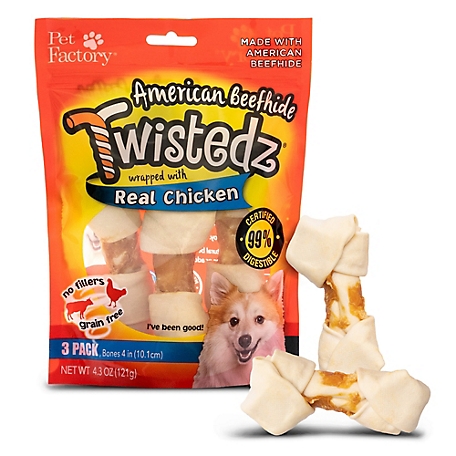 Pet Factory Twistedz American Beefhide Bone Dog Chew Treats with Chicken Meat Wrap, 4-5 in., 3 ct.