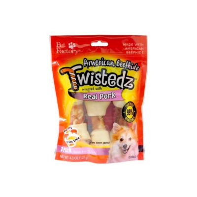 Pet Factory 4-5 in. Twistedz American Beefhide Bones Dog Chew Treats with Pork Meat Wrap, 3 ct.
