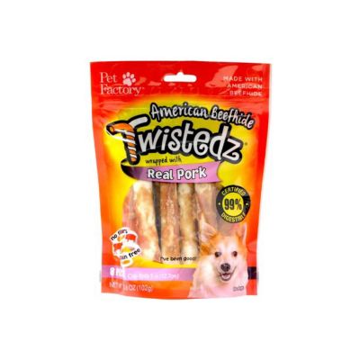 Pet Factory 5 in. Twistedz American Beefhide Chip Roll Dog Chew Treats with Pork Meat Wrap, 8 ct.