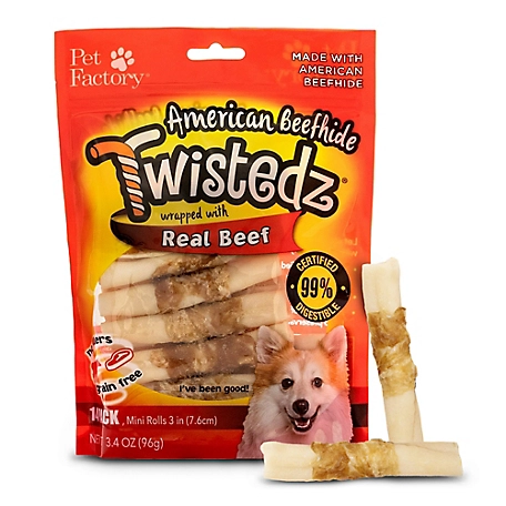 Pet Factory Twistedz American Beefhide Mini Roll Dog Chew Treats with Beef Meat Wrap, 3-3.5 in., 14 ct.