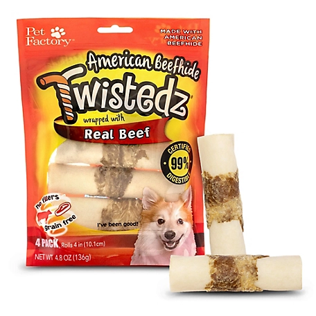 Pet Factory Twistedz American Beefhide Roll Dog Chew Treats with Beef Meat Wrap, 4 in., 4 ct.