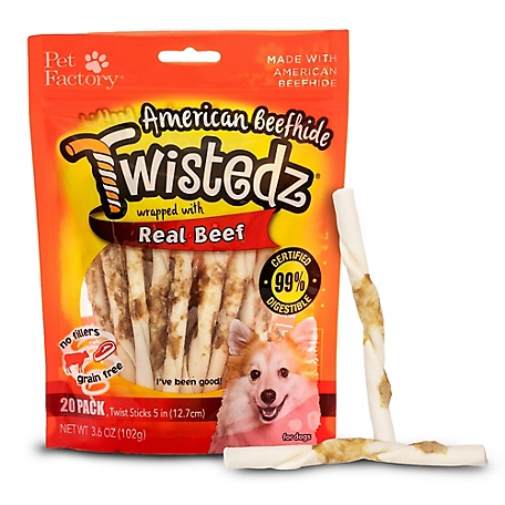 Pet Factory Twistedz American Beefhide Twist Stick Dog Chews with Beef Meat Wrap, 5 in., 20 ct.