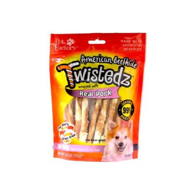 Pet Factory Twistedz American Beefhide Twist Stick Dog Chew Treats with Pork Meat Wrap, 5 in., 20 ct.