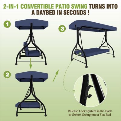 Image showing  3-Seat Converting Canopy Patio Swing Steel Lounge Chair with Cushions
