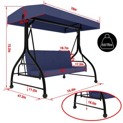 Image showing  3-Seat Converting Canopy Patio Swing Steel Lounge Chair with Cushions