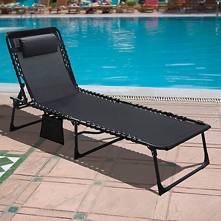 Veikous Outdoor Folding Chaise Lounge Chair Fully Flat with Pillow and Side Pocket