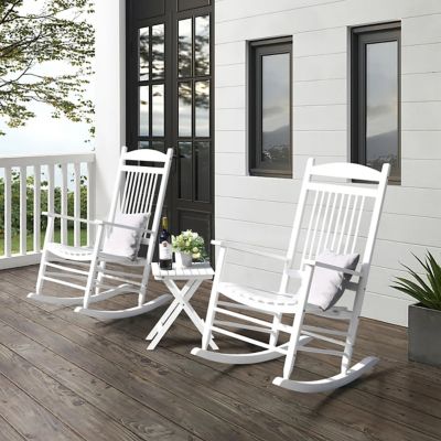 Veikous Wooden Outdoor Rocking Chair Set with Foldable Table and Curved Seat, PG0207-01WH
