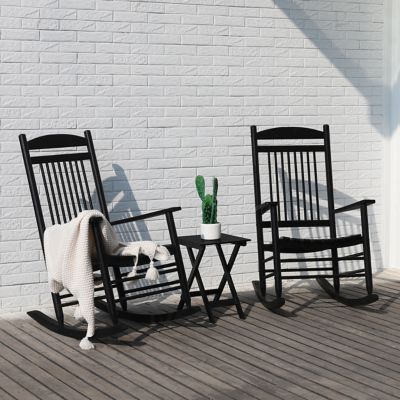 Veikous Wooden Outdoor Rocking Chair Set with Foldable Table and Curved Seat, PG0207-01BK