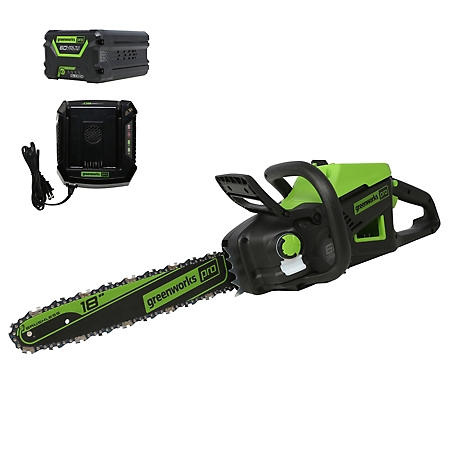 Greenworks 18in. 60V Electric Cordless Brushless Chainsaw, 60cc 2.5kW Gas Chainsaw Equivalent, 5.0Ah Battery & Charger, CS60L710
