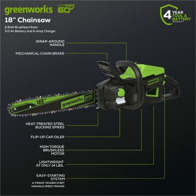 Image showing 8 th Greenworks 18 in. 60V Cordless Chainsaw, Battery and Charger Included, 0.050 in. Gauge