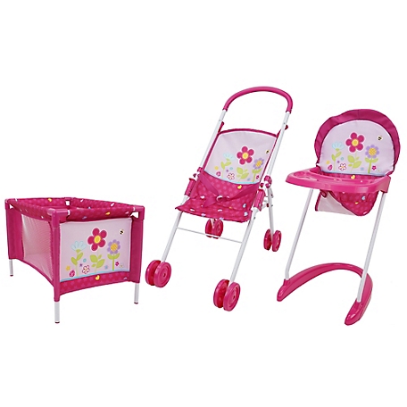 509 Crew Garden Stroll n Care Doll Playset, Includes a Half Folding Stroller, Playard and High Chair, 3-Pack