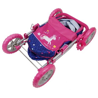 Image showing  Kids' Pretend Play Unicorn Doll Pram with Large wheels, Retractable Canopy, Cup Holder and Carry Bag