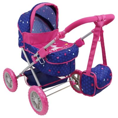 Image showing  Kids' Pretend Play Unicorn Doll Pram with Large wheels, Retractable Canopy, Cup Holder and Carry Bag