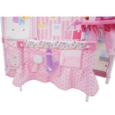 Image showing 5 th 509 Crew Kids' BnB Doll Furniture Set with 14 in. Baby Doll, High Chair, Playard and Accessories, Pink