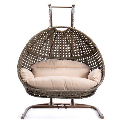Upland Brown Wicker Hanging Double-Seat Egg Chair with Beige Cushion, 9716KD3BB