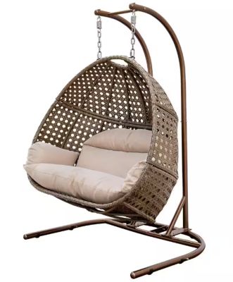 Image showing  Brown Wicker Hanging Double-Seat Egg Chair with Beige Cushion, 9716KD3BB
