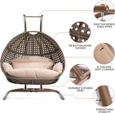 Image showing  Brown Wicker Hanging Double-Seat Egg Chair with Beige Cushion, 9716KD3BB