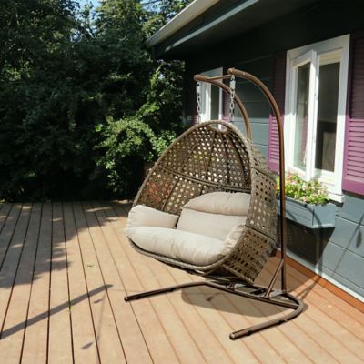 Image showing  Brown Wicker Hanging Double-Seat Egg Chair with Beige Cushion, 9716KD3BB