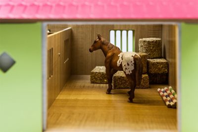 Image showing  Wooden Horse Stable Toy Set, 2 Stalls and Workshop, 1:24 Scale