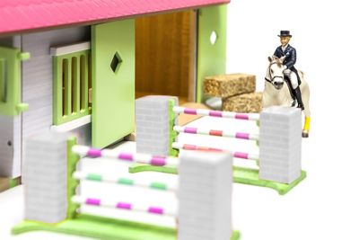 Image showing  Wooden Horse Stable Toy Set, 2 Stalls and Workshop, 1:24 Scale