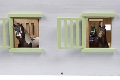 Image showing  1:24 Scale Wooden Horse Stable Toy, Includes 7 Stalls, Pink