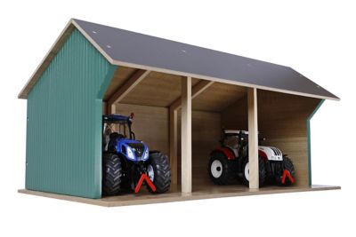 Image showing  Wooden Farm Shed Toy for 3 Tractors, 1:32 Scale, Green