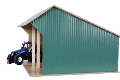 Image showing  Wooden Farm Shed Toy for 3 Tractors or Vehicles, 1:32 Scale, Green