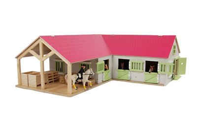 Kids Globe 1:24 Scale Wooden Horse Stable Toy, Includes 4 Stalls, Storage and Grooming Stall, Pink KG610210