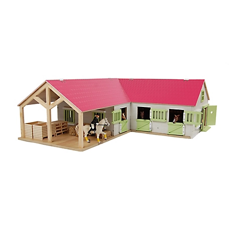 Kids Globe 1:24 Scale Wooden Horse Stable Toy, Includes 4 Stalls, Storage and Grooming Stall, Pink KG610210