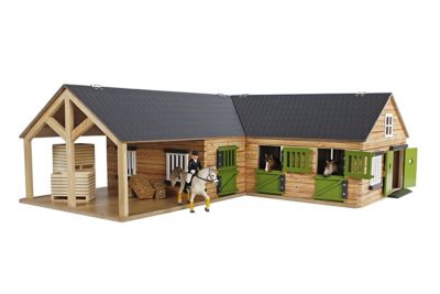 Kids Globe 1:24 Scale Wooden Horse Stable Toy, Includes 4 Stalls, Storage and Grooming Stall, Beige KG610211