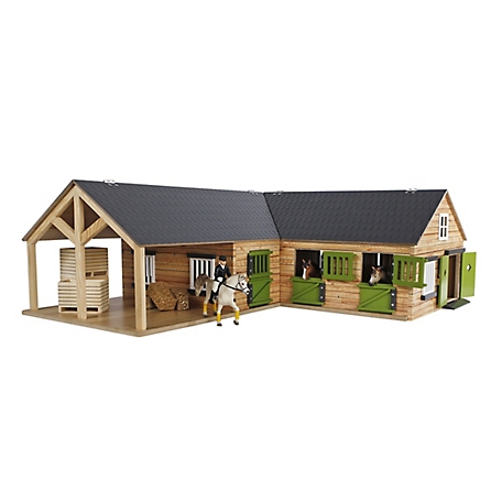 Kids Globe 1:24 Scale Wooden Horse Stable Toy, Includes 4 Stalls, Storage and Grooming Stall, Beige KG610211