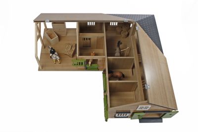 Image showing  1:24 Scale Wooden Horse Stable Toy, Includes 4 Stalls, Storage and Grooming Stall, Beige