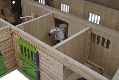 Image showing  1:24 Scale Wooden Horse Stable Toy, Includes 4 Stalls, Storage and Grooming Stall, Beige