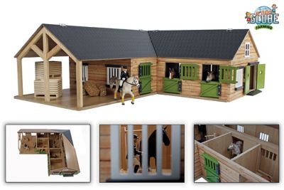 Image showing  1:24 Scale Wooden Horse Stable Toy, Includes 4 Stalls, Storage and Grooming Stall, Beige