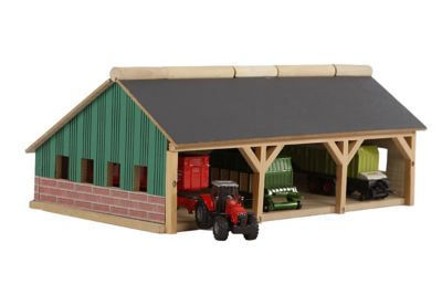 Kids Globe Wooden Farm Shed Toy for 3 Tractors, 1:87 Scale, KG610491