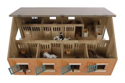 Image showing 1 th Kids Globe 1:24 Scale Wooden Horse Stable Toy, Includes 7 Stalls, Brick