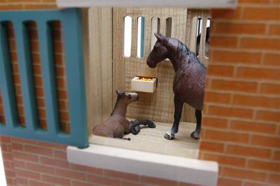 Image showing 2 th Kids Globe 1:24 Scale Wooden Horse Stable Toy, Includes 7 Stalls, Brick