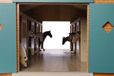 Image showing 3 th Kids Globe 1:24 Scale Wooden Horse Stable Toy, Includes 7 Stalls, Brick