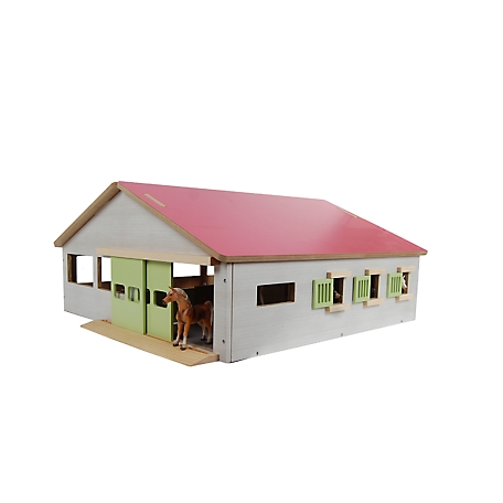 Kids Globe 1:32 Scale Wooden Horse Stable Toy, Includes 3 Stalls and Indoor Arena, Pink KG610271