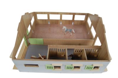 Image showing  1:32 Scale Wooden Horse Stable Toy, Includes 3 Stalls and Indoor Arena, Pink