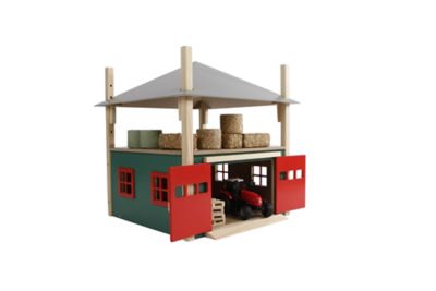 Kids Globe Wooden Hay Barn Toy with Loft and Adjustable Roof, Green/Red, 1:32 Scale, KG610086