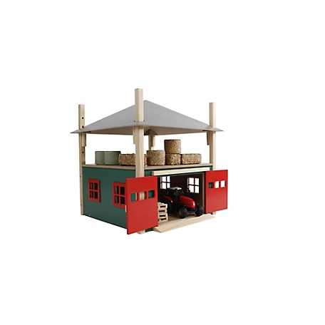Kids Globe Wooden Hay Barn Toy with Loft and Adjustable Roof, Green/Red, 1:32 Scale, KG610086