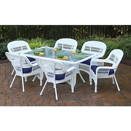 Tortuga Outdoor 7 pc. Portside Dining Set, Includes 6 Chairs and 66 in. Dining Table, Coastal White/Navy