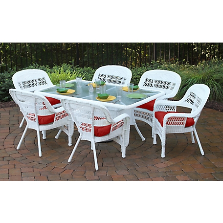 Tortuga Outdoor 7 pc. Portside Dining Set, Includes 6 Chairs and 66 in. Dining Table, Coastal White/Red
