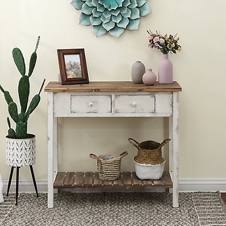 LuxenHome Distressed White and Wood 2-Drawer 1-Shelf Console and Entry Table, WH187