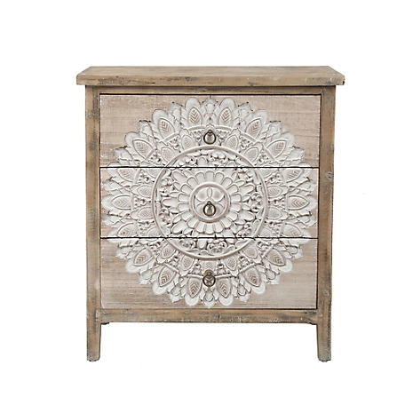 LuxenHome 3-Drawer 28.2 in. x 25.2 in. Natural Wood White Floral Accent Chest, WHIF1080