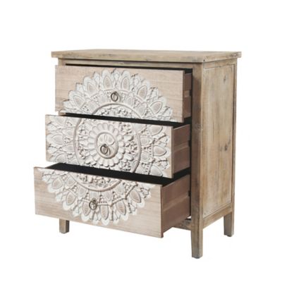 Image showing  3-Drawer Natural Wood White Floral Accent Chest, 28.2 in. x 25.2 in.