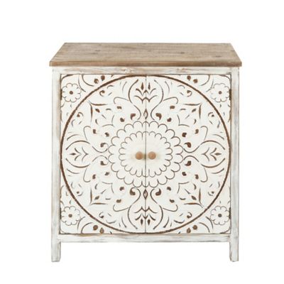 LuxenHome Distressed Floral White Wood 2-Door Storage Cabinet, WHIF1249