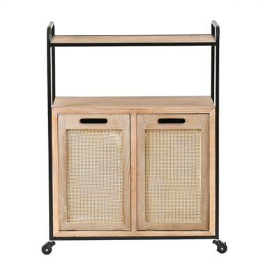 LuxenHome Brown and Black Mobile Natural Wood Double Tilt-Out Laundry Hamper and Storage Cabinet, WHIF1325